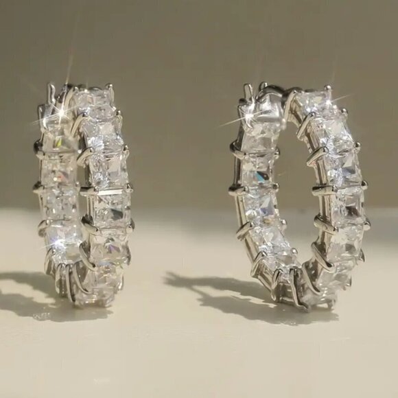 Huggie Small Hoop Earrings w/ Clear Princess Cut Stones and Tons of Bling #1424 - Picture 1 of 5